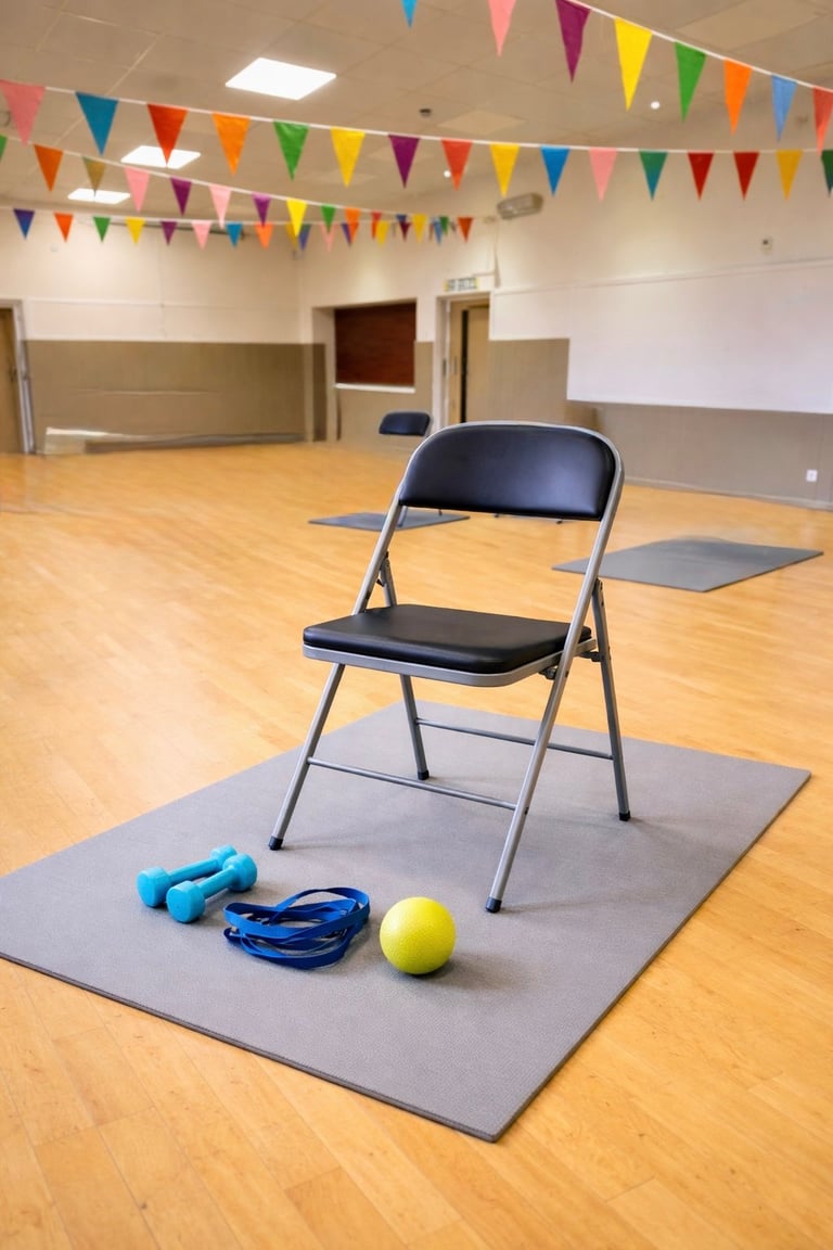 Exercise studio with folding chair on mat, dumbbells, jump rope, and yellow ball on wooden floor, colorful bunting overhead