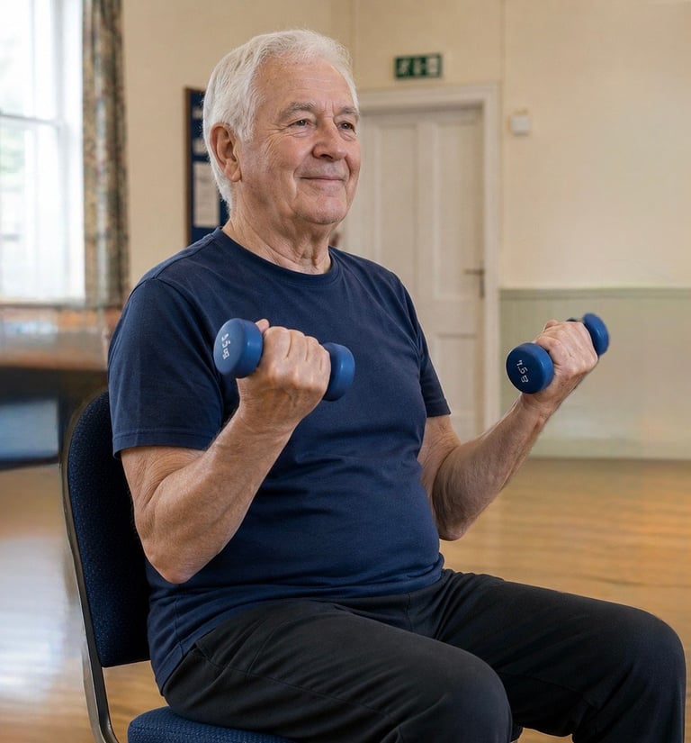 Senior man performing seated dumbbell exercise with blue weights in an indoor fitness facility
